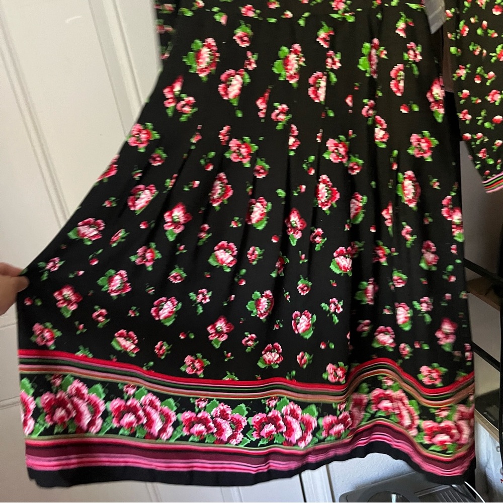BETTY BARCLAY vintage black digital floral print puff long sleeve midi dress - Picture 4 of 9